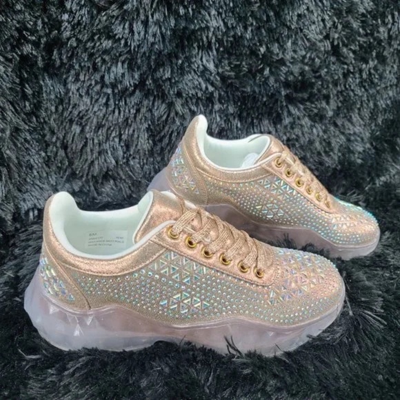Cape Robbin Rose Gold Low Top Iridescent Rhinestone Lace Up Sneakers - Picture 3 of 9